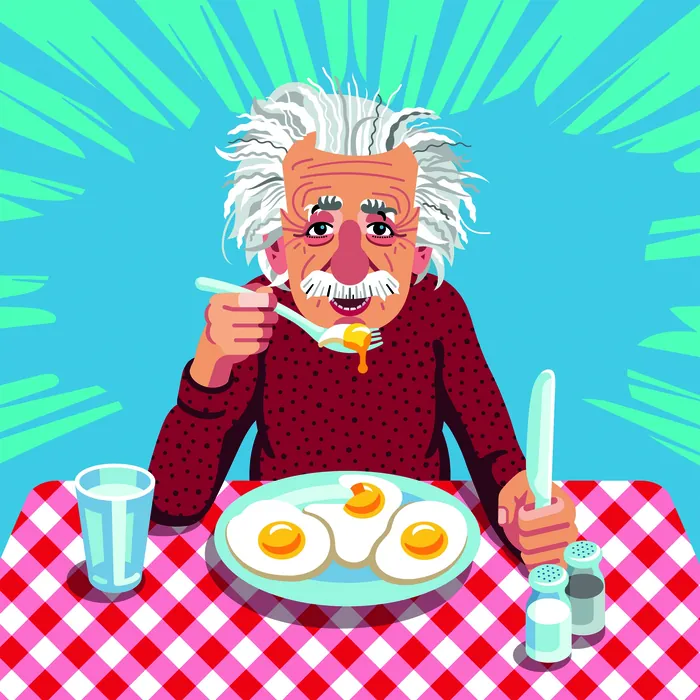 Cartoon Albert Einstein eating eggs with milk on red checkered table by Klaus Meinhardt