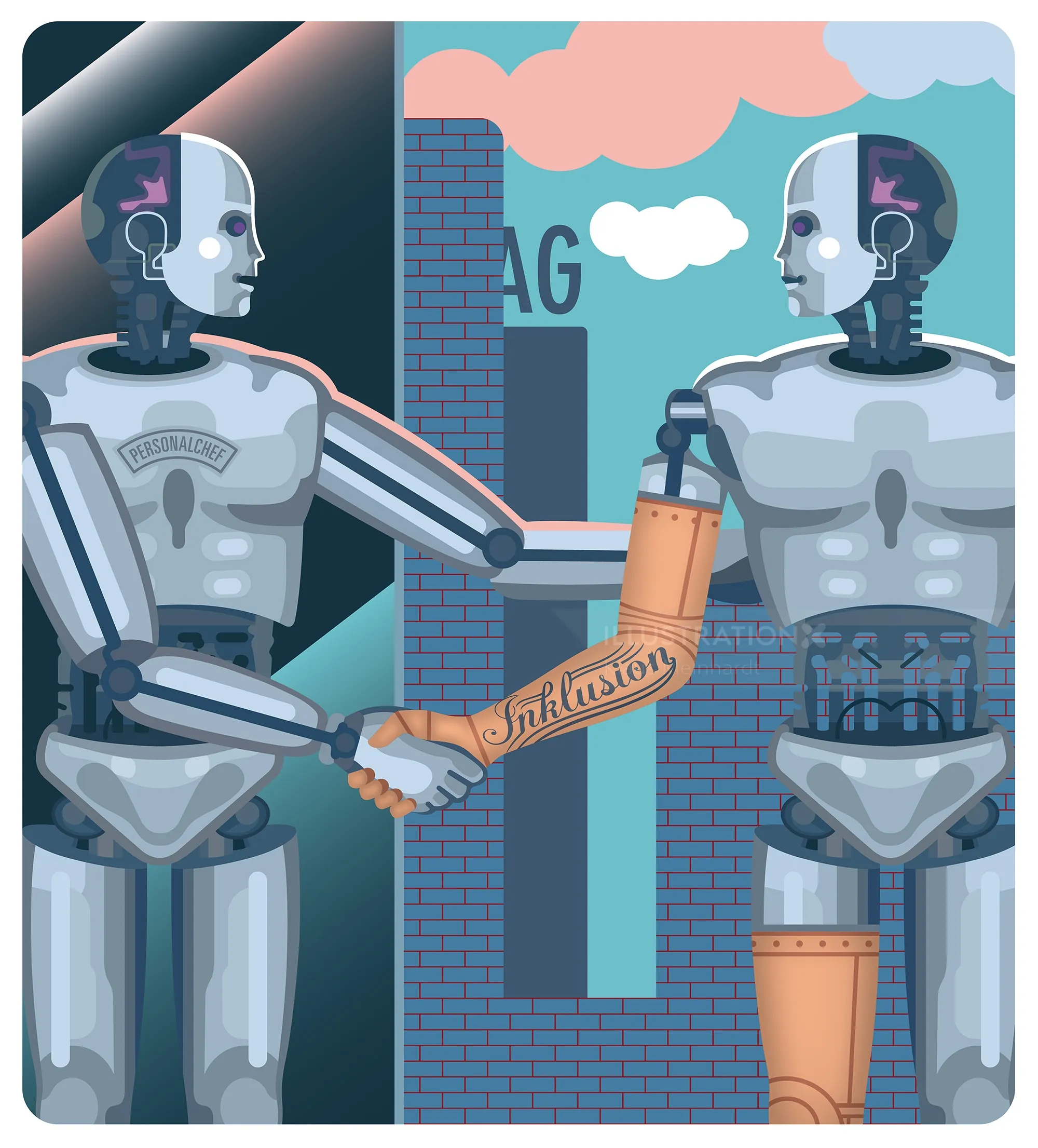 Two humanoid robots passing an innovation baton in a cityscape by Klaus Meinhardt