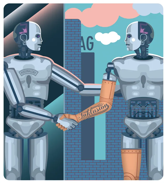 Two humanoid robots passing an innovation baton in a cityscape by Klaus Meinhardt