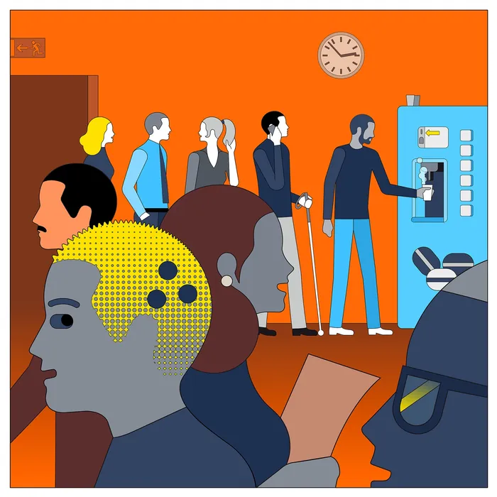Illustration of people waiting in line for coffee by Klaus Meinhardt