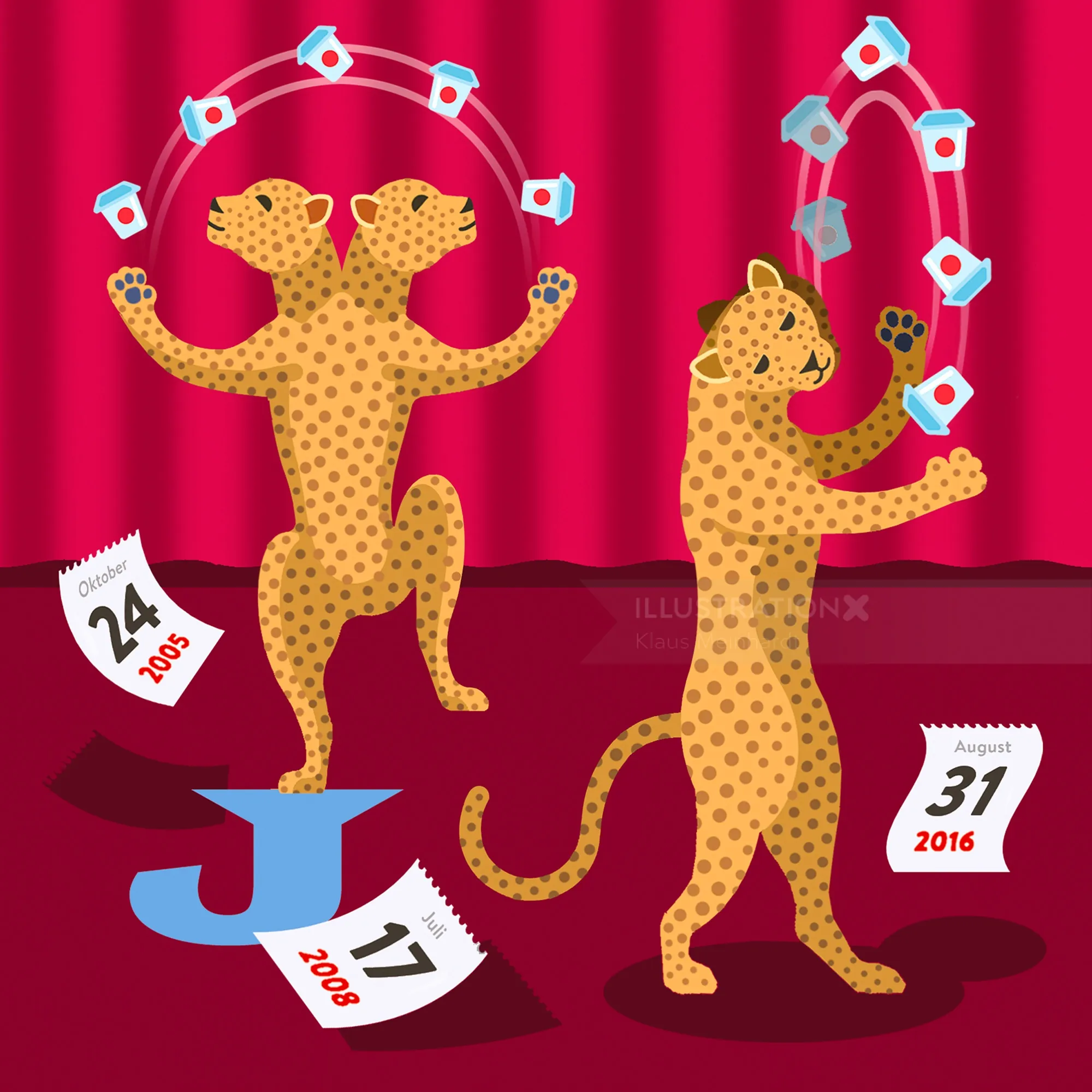 Two cheetahs juggling rings with calendar pages falling, by Klaus Meinhardt