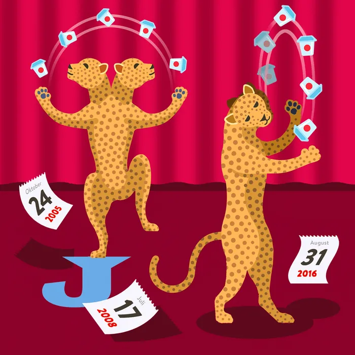 Two cheetahs juggling rings with calendar pages falling, by Klaus Meinhardt