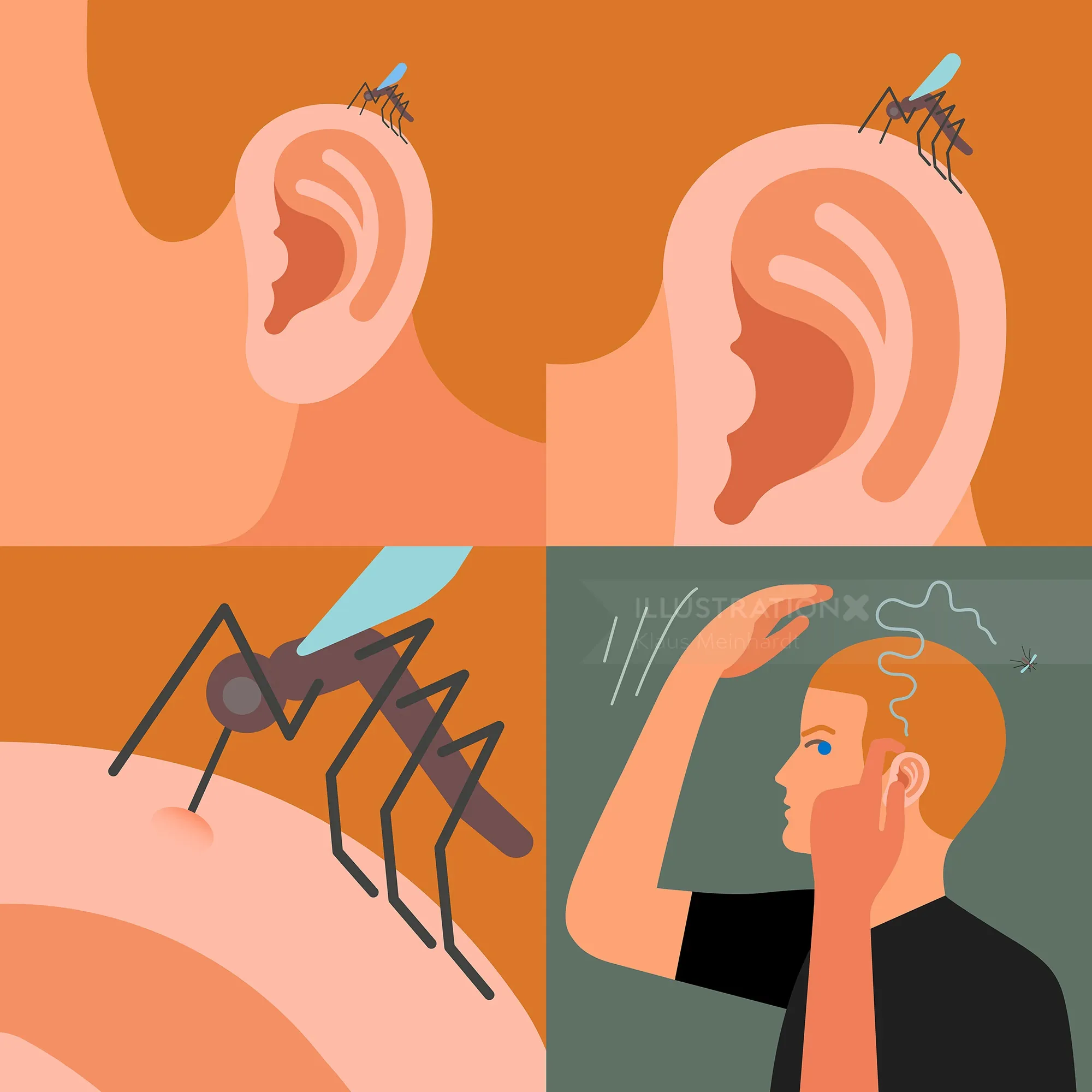 Illustration of a mosquito landing on an ear and a person reacting by touching their ear by Klaus Me