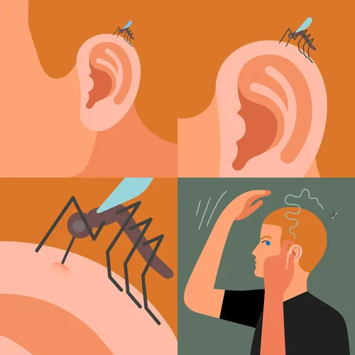 Illustration of a mosquito landing on an ear and a person reacting by touching their ear by Klaus Me