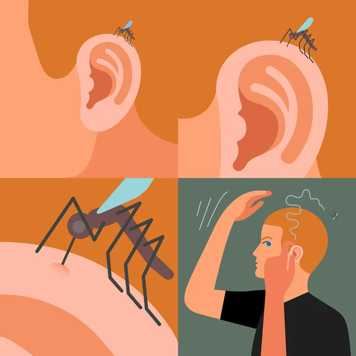 Illustration of a mosquito landing on an ear and a person reacting by touching their ear by Klaus Me