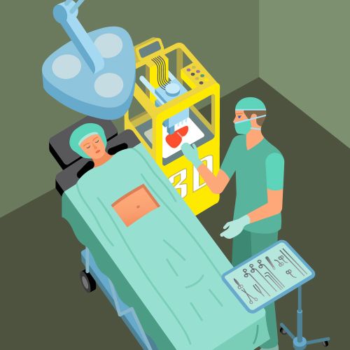 Surgery room with patient on table and surgeon preparing, by Klaus Meinhardt