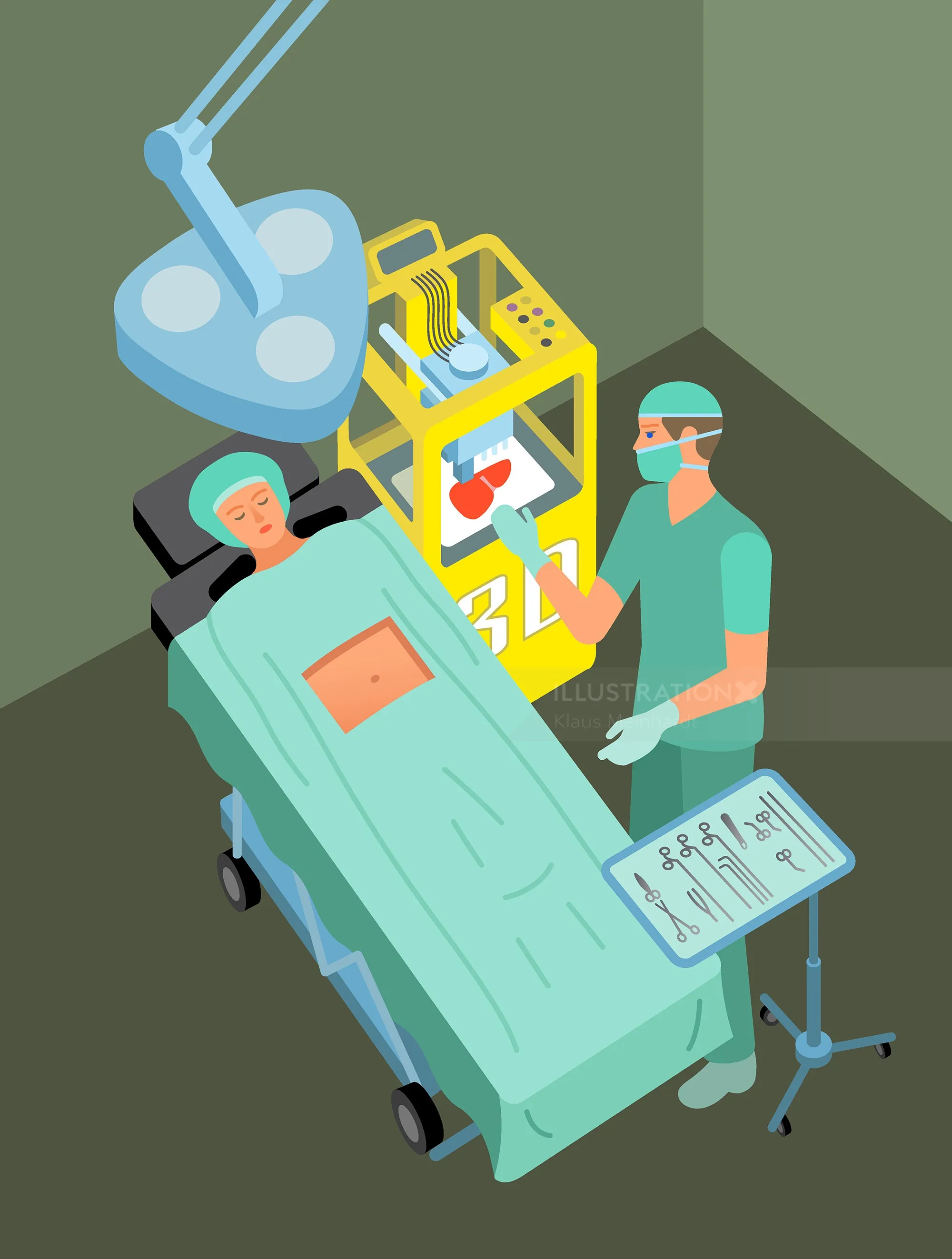 Surgery room with patient on table and surgeon preparing, by Klaus Meinhardt