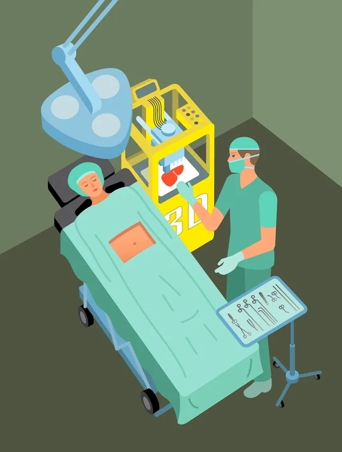 Surgery room with patient on table and surgeon preparing, by Klaus Meinhardt