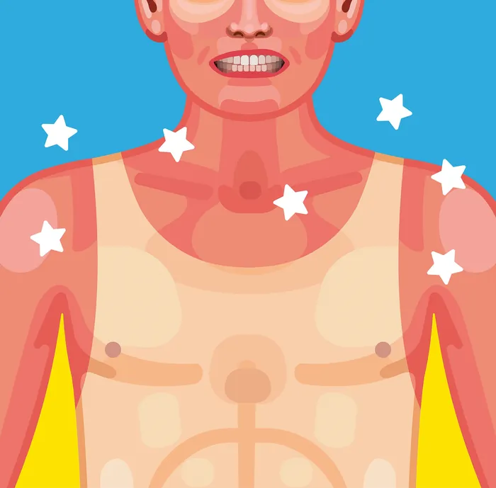 Illustration of man with skin irritation and stars on chest by Klaus Meinhardt