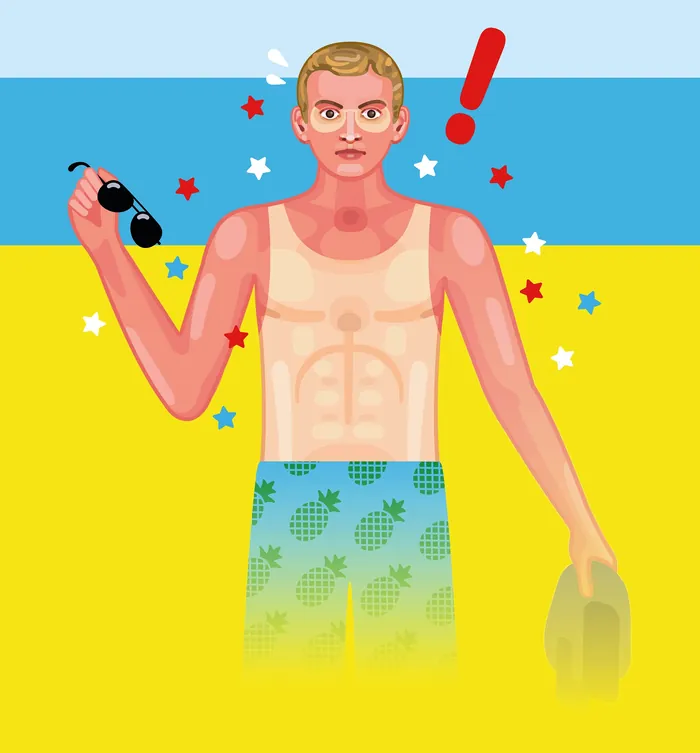 Sunburned man holding sunglasses and hat under bright sun, artwork by Klaus Meinhardt