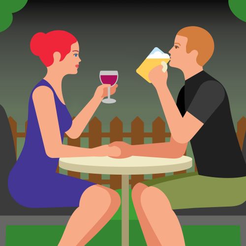 Illustration of couple drinking wine and beer outdoors by Klaus Meinhardt
