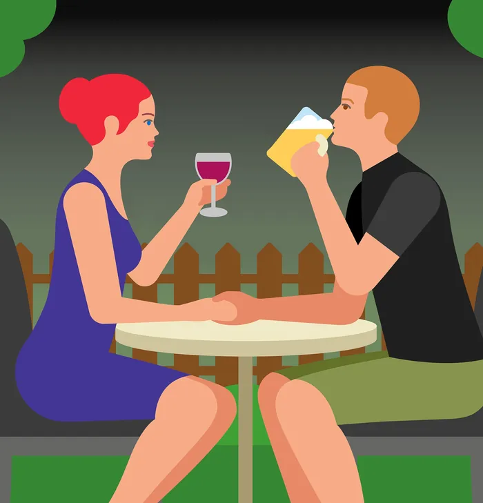 Illustration of couple drinking wine and beer outdoors by Klaus Meinhardt