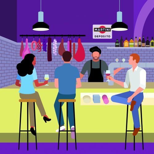 Three customers and a bartender in a colorful bar interior by Klaus Meinhardt