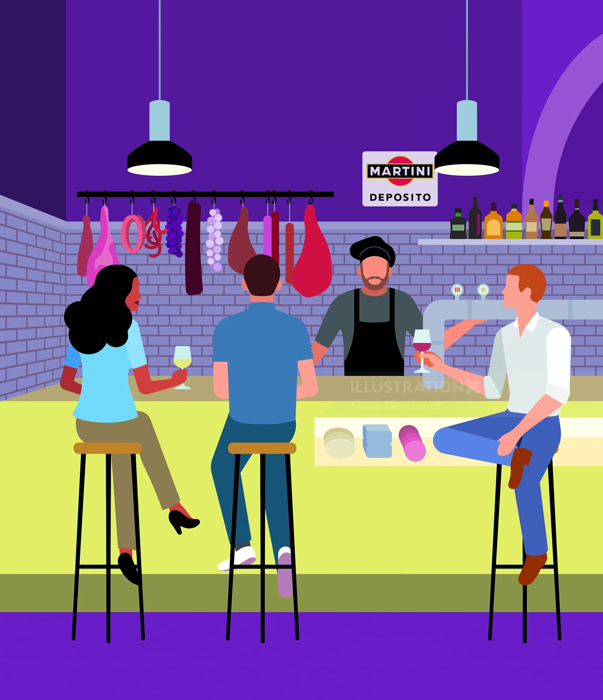 Three customers and a bartender in a colorful bar interior by Klaus Meinhardt