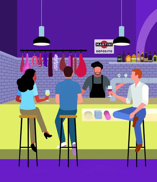 Three customers and a bartender in a colorful bar interior by Klaus Meinhardt