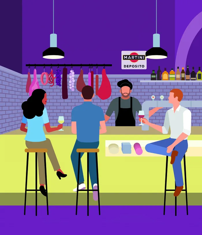 Three customers and a bartender in a colorful bar interior by Klaus Meinhardt