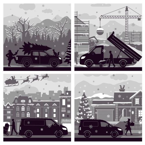 Grayscale winter city scenes with vehicles and pedestrians by Klaus Meinhardt