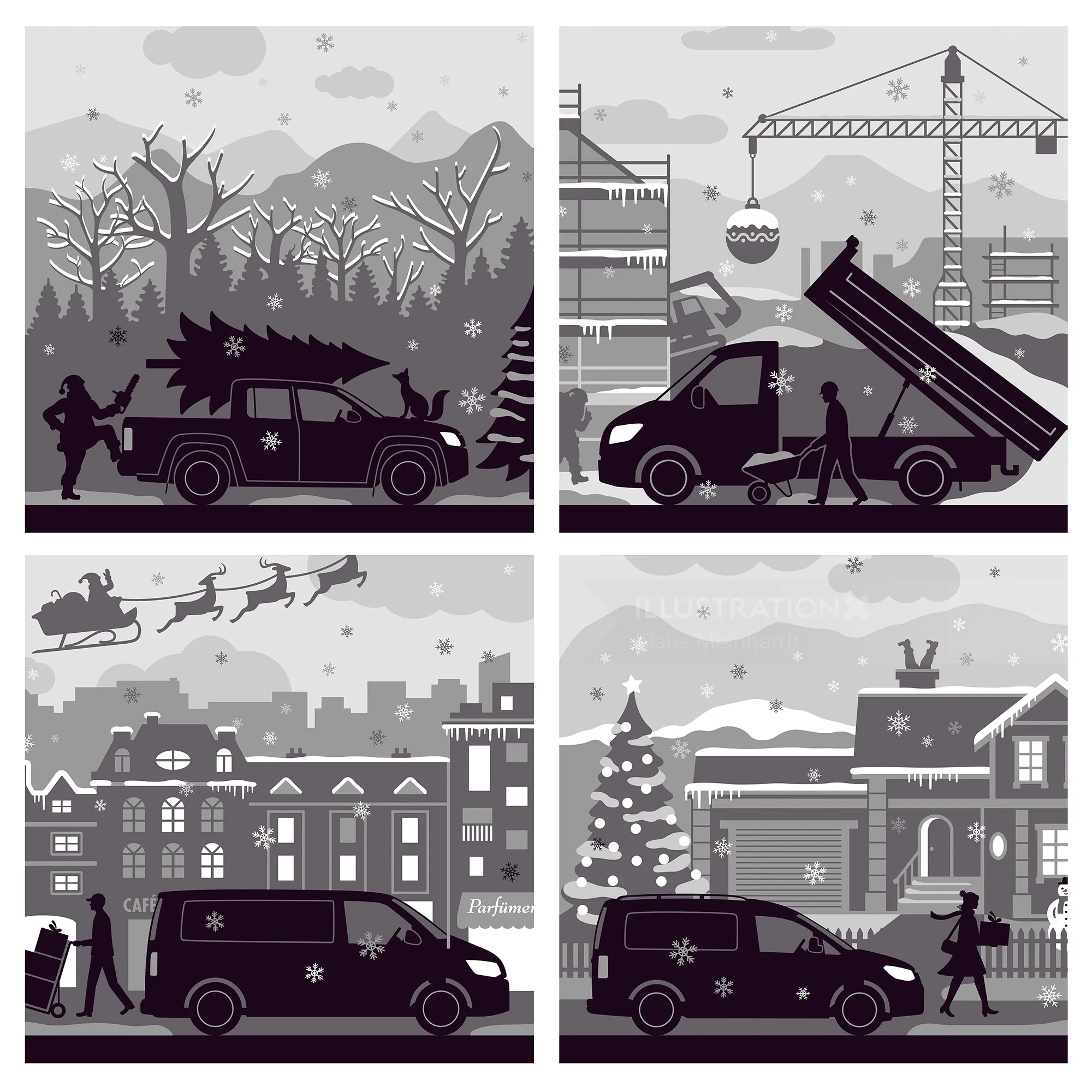 Grayscale winter city scenes with vehicles and pedestrians by Klaus Meinhardt