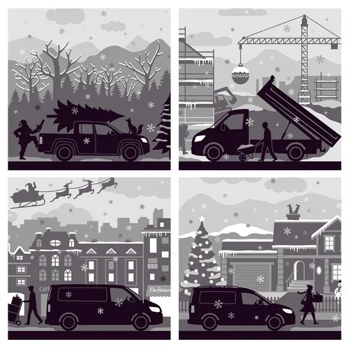 Grayscale winter city scenes with vehicles and pedestrians by Klaus Meinhardt
