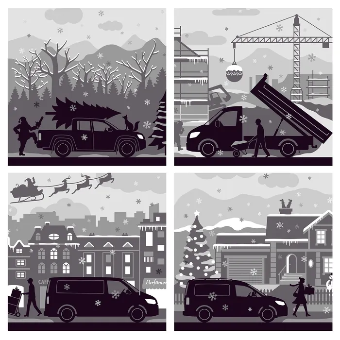 Grayscale winter city scenes with vehicles and pedestrians by Klaus Meinhardt
