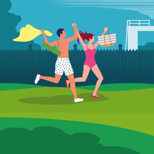 A man and woman running toward a pool with towels and swim bags by Klaus Meinhardt