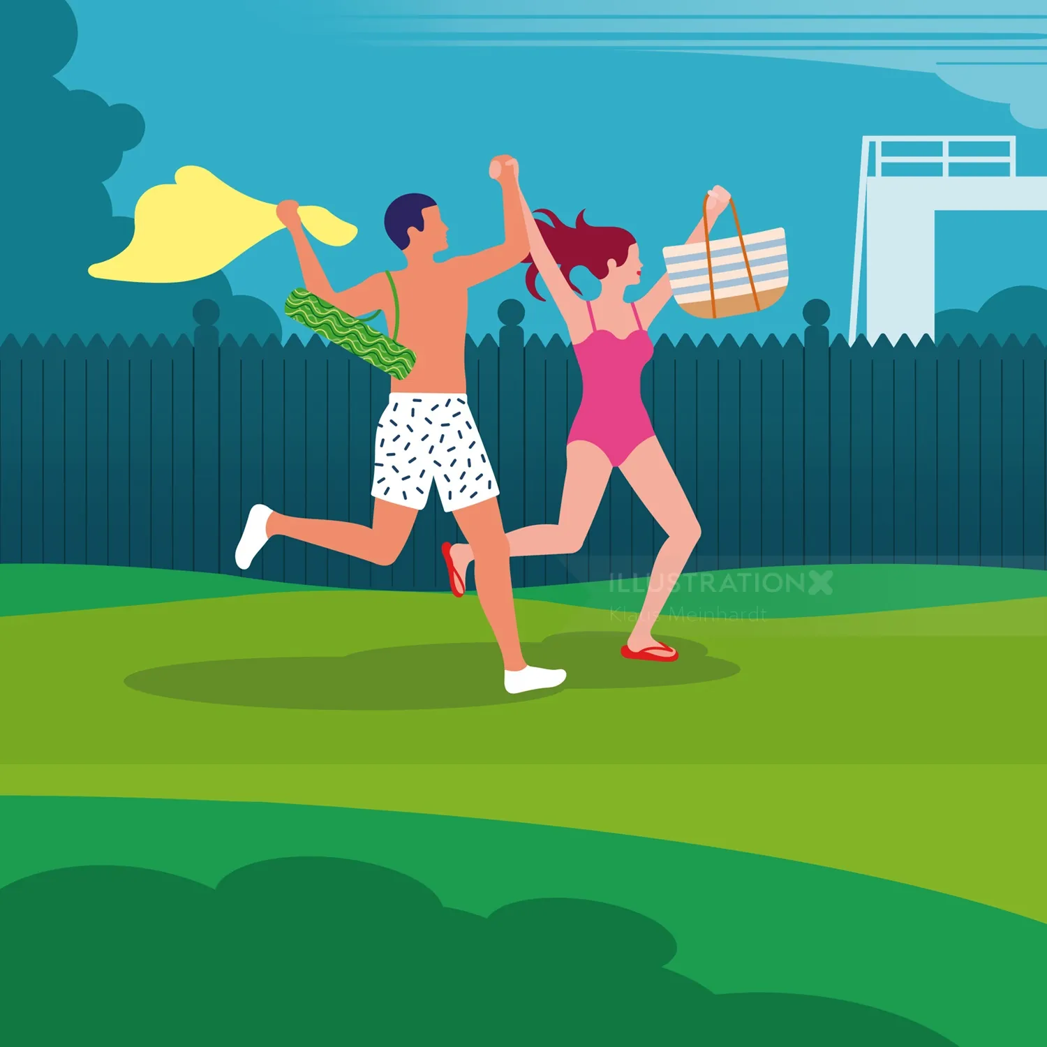 A man and woman running toward a pool with towels and swim bags by Klaus Meinhardt