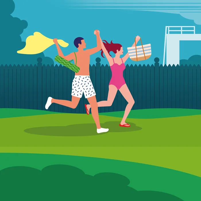 A man and woman running toward a pool with towels and swim bags by Klaus Meinhardt