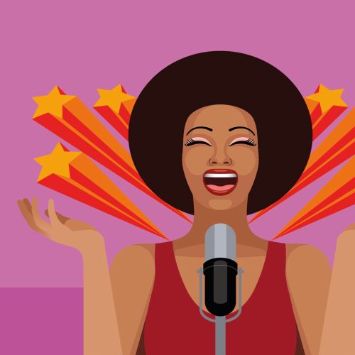 Joyful woman singing into microphone with stars behind her by Klaus Meinhardt