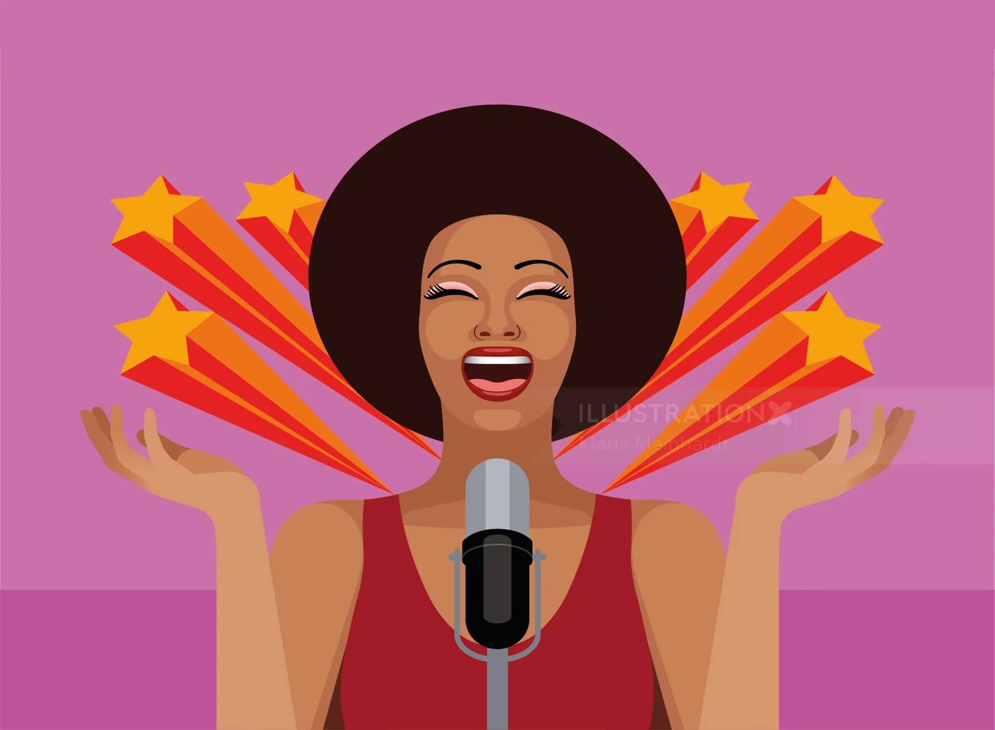 Joyful woman singing into microphone with stars behind her by Klaus Meinhardt