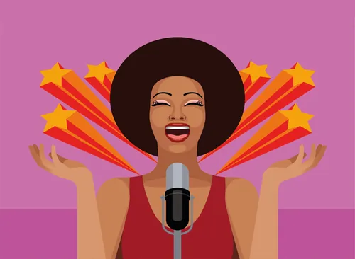 Joyful woman singing into microphone with stars behind her by Klaus Meinhardt