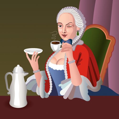 18th-century woman sipping coffee holding cup and saucer by Klaus Meinhardt