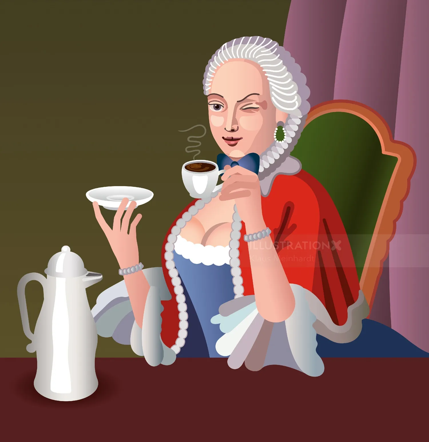 18th-century woman sipping coffee holding cup and saucer by Klaus Meinhardt