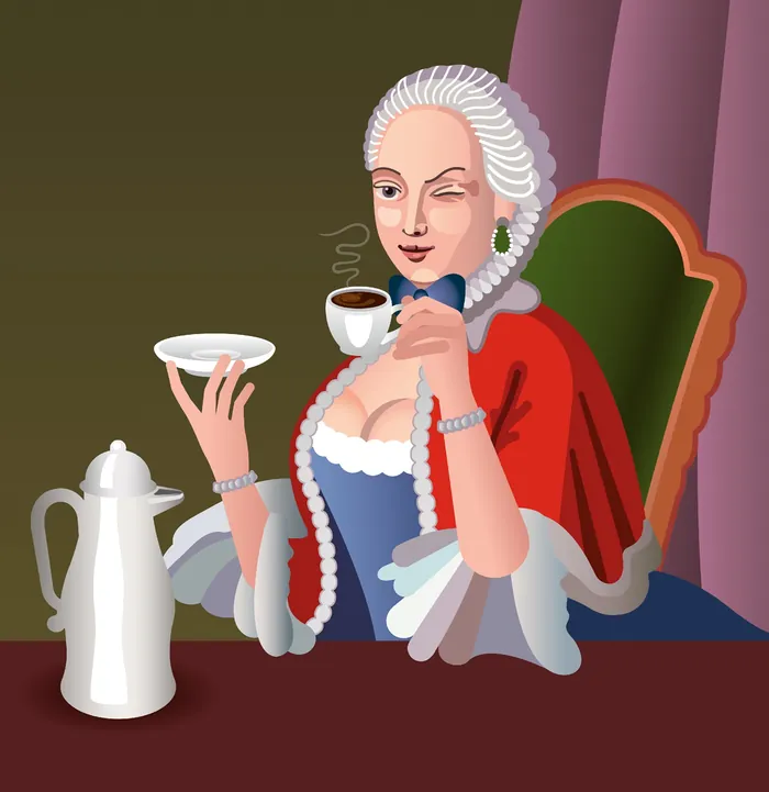 18th-century woman sipping coffee holding cup and saucer by Klaus Meinhardt