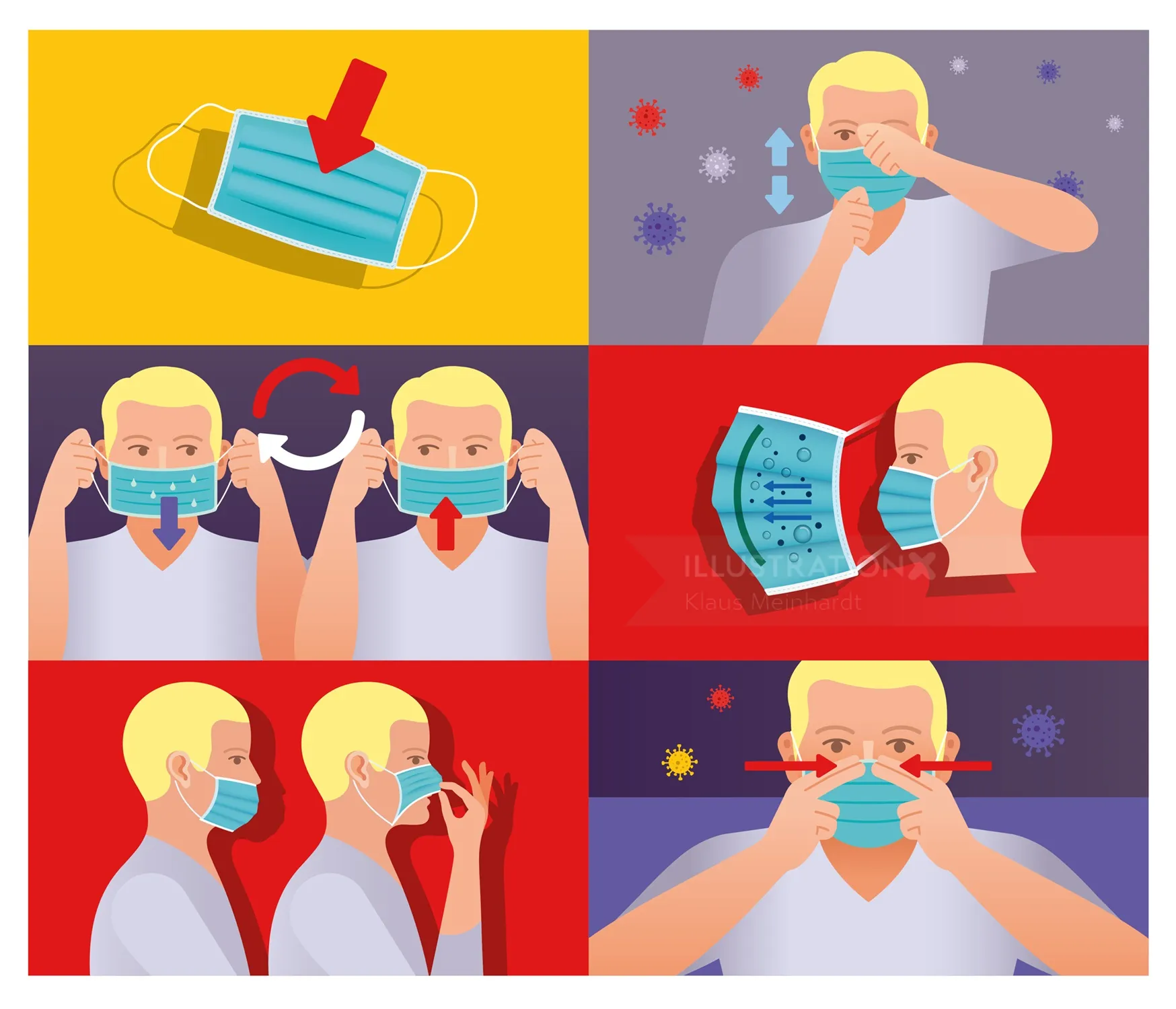 Illustration of steps to wear a face mask properly by Klaus Meinhardt