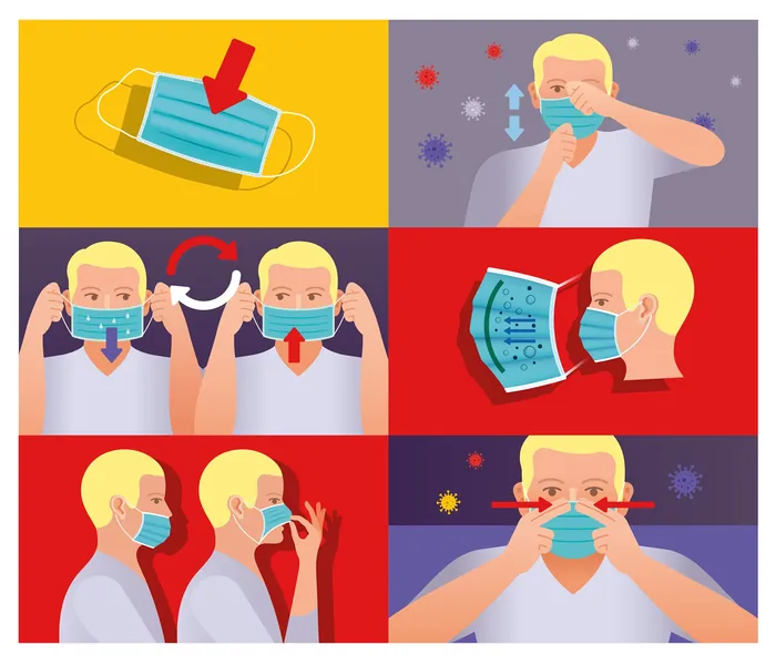 Illustration of steps to wear a face mask properly by Klaus Meinhardt
