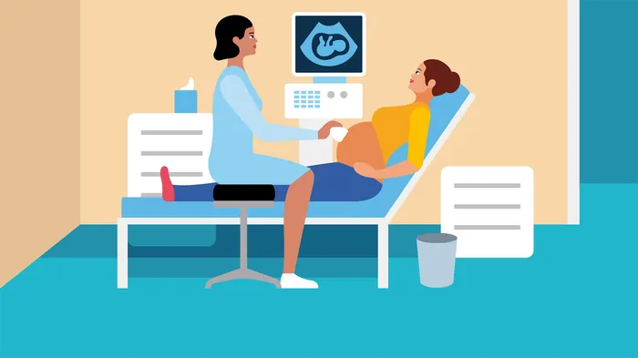 Pregnant woman having an ultrasound scan in a medical office by Klaus Meinhardt