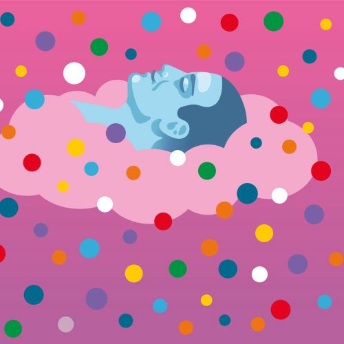 Blue human head on pink cloud with colorful dots, by Klaus Meinhardt
