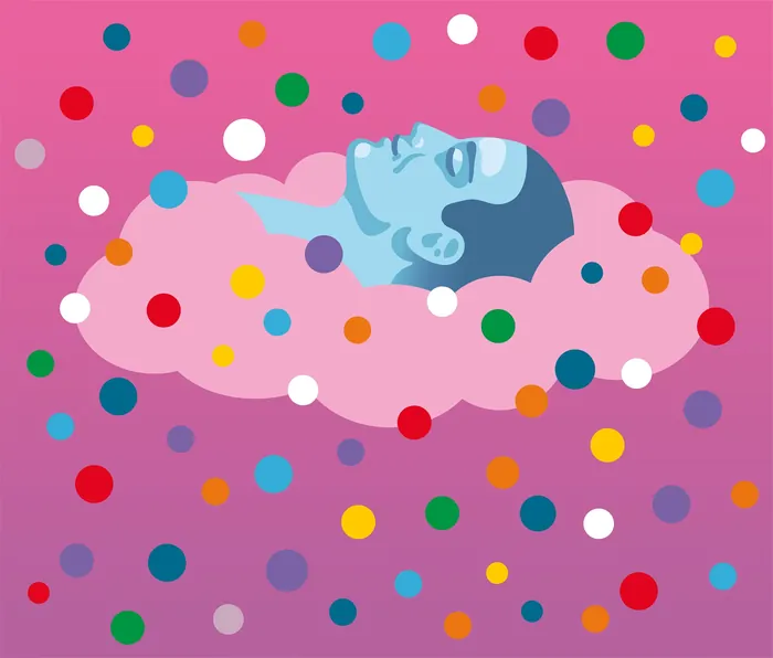 Blue human head on pink cloud with colorful dots, by Klaus Meinhardt