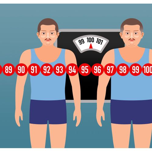 Weight comparison illustration by Klaus Meinhardt showing men before and after weight gain
