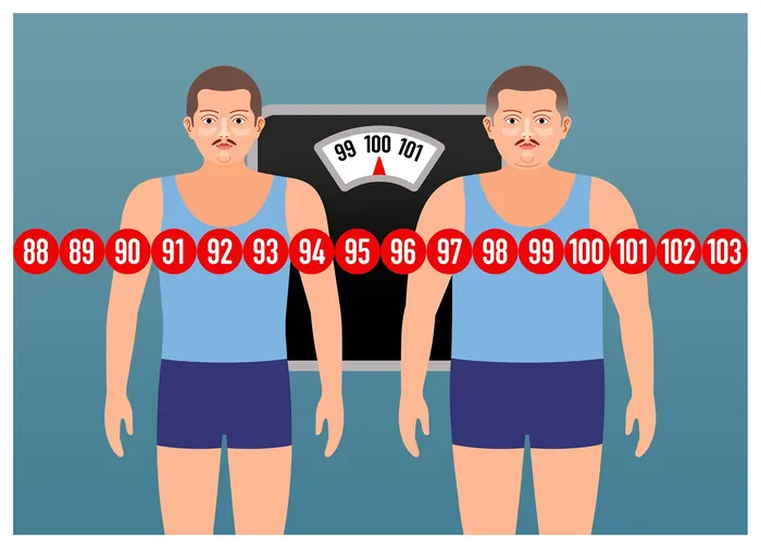 Weight comparison illustration by Klaus Meinhardt showing men before and after weight gain