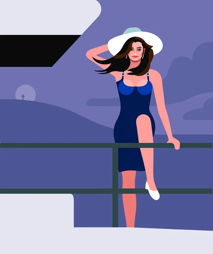 Woman in blue dress and white hat leaning on railing at night by Klaus Meinhardt