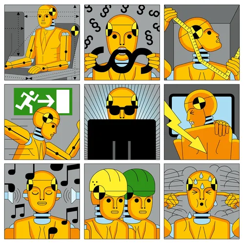 Crash test dummies in different safety testing situations