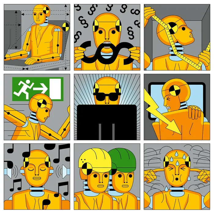Crash test dummies in different safety testing situations