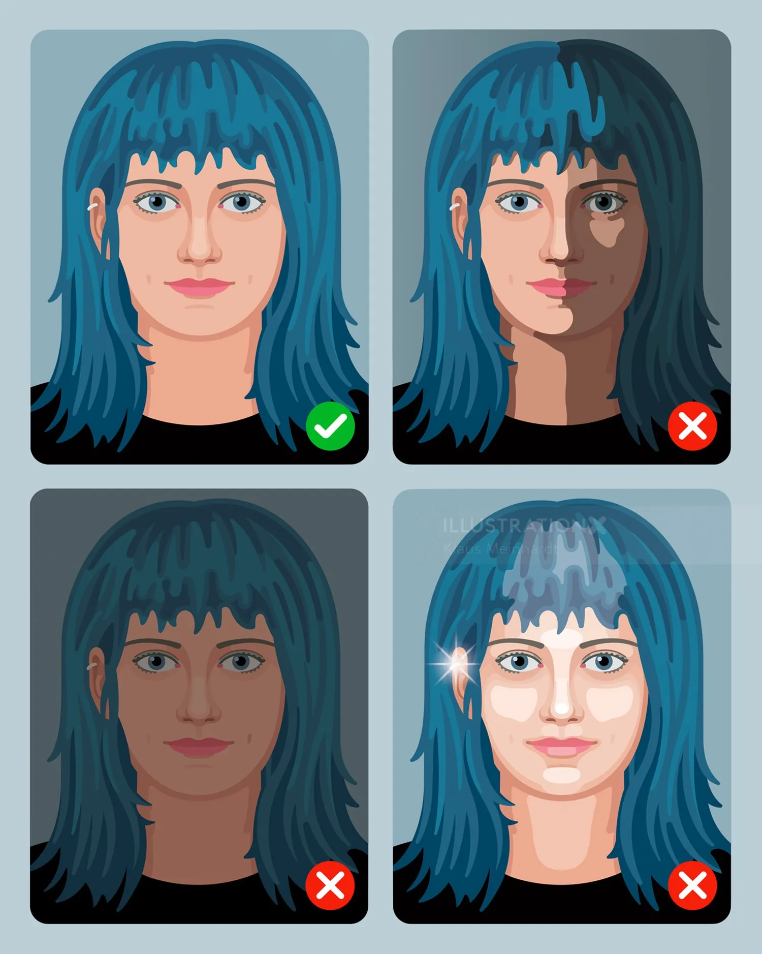 Four portraits of a blue-haired woman demonstrating correct and incorrect lighting.