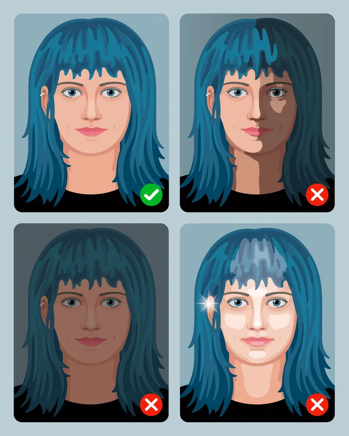 Four portraits of a blue-haired woman demonstrating correct and incorrect lighting.