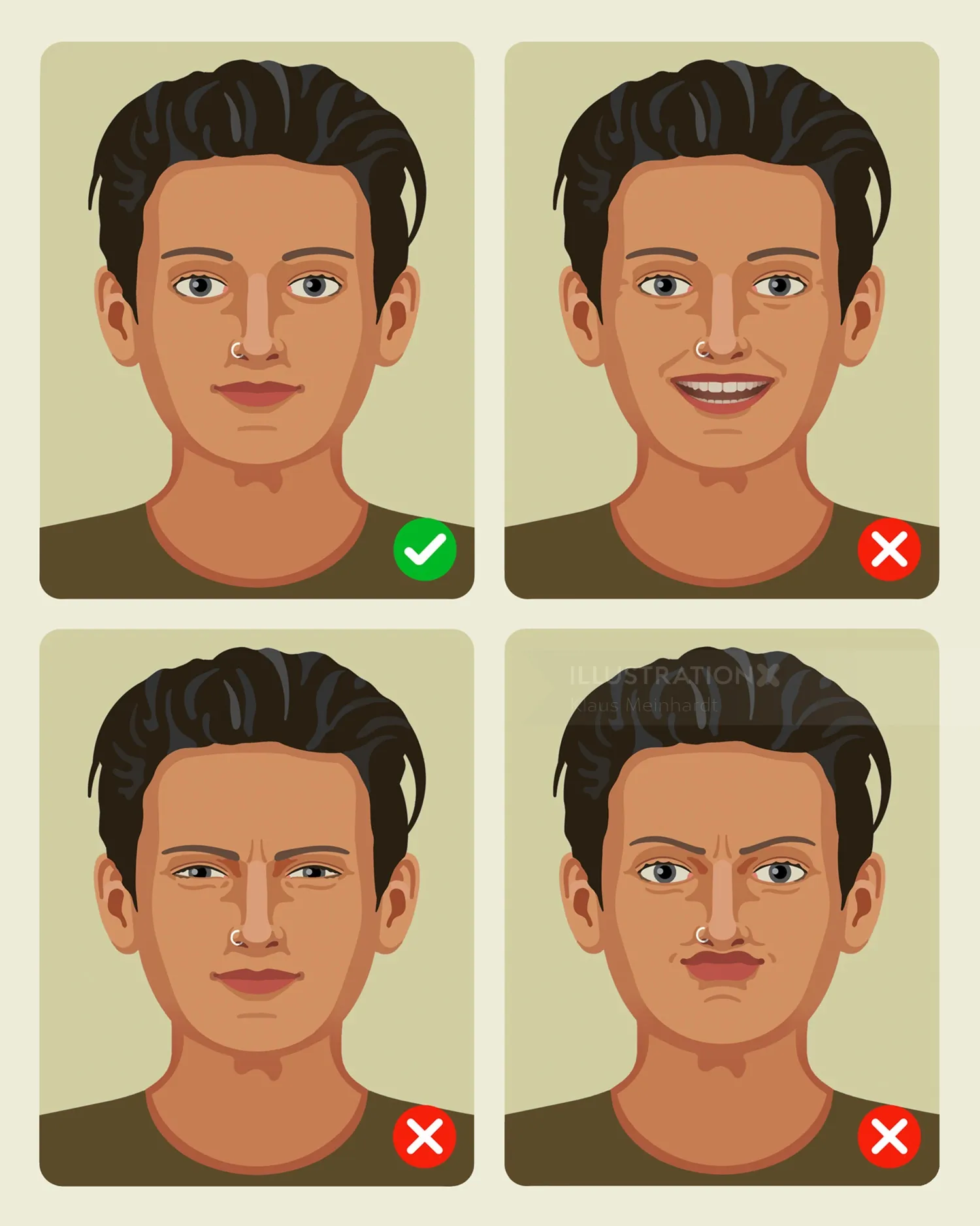 Four male faces showing one correct and three incorrect facial expressions