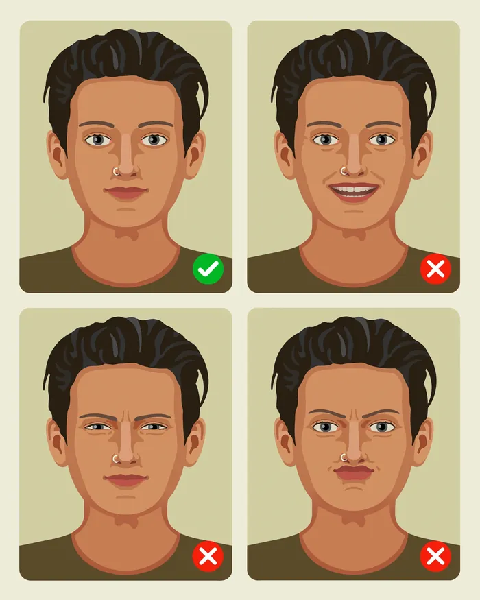 Four male faces showing one correct and three incorrect facial expressions