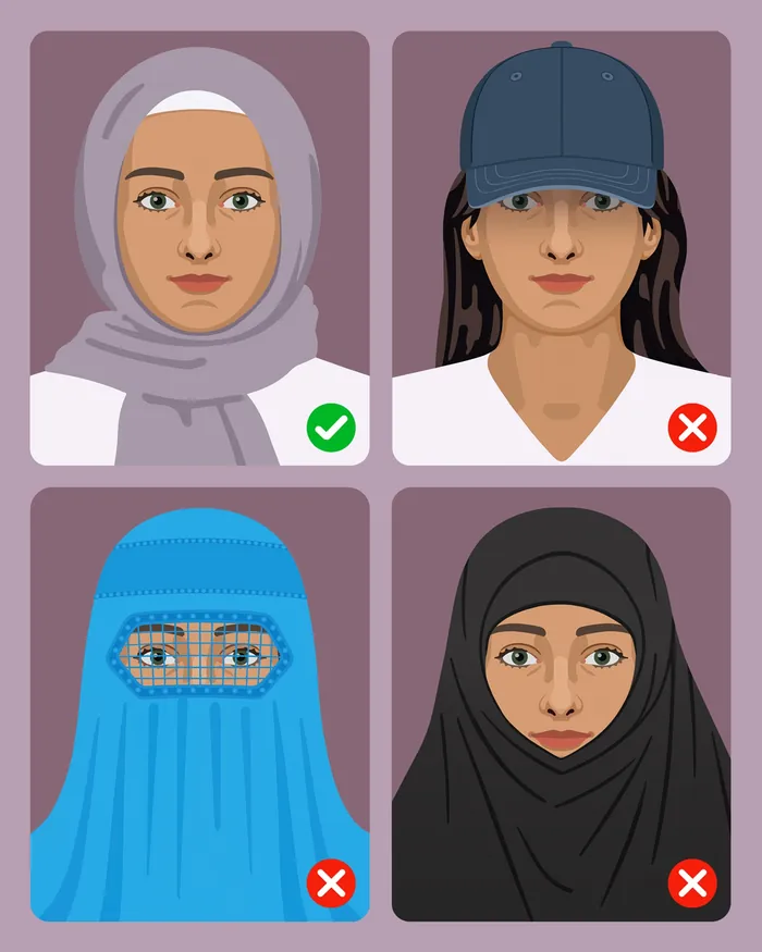 Four women wearing different head coverings with approval and disapproval marks.