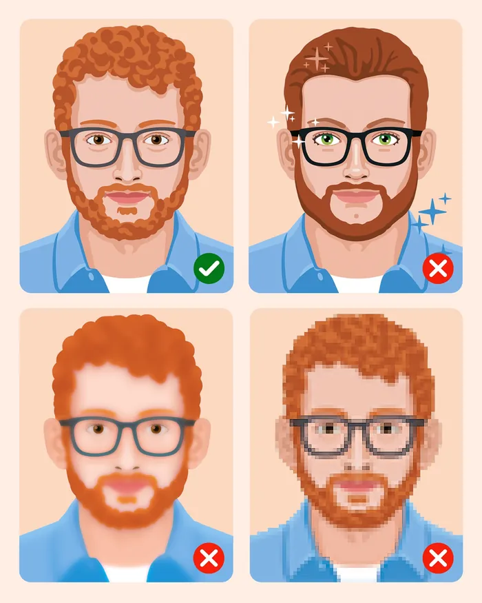 Four illustrated men with red hair and glasses illustrating proper and improper looks.