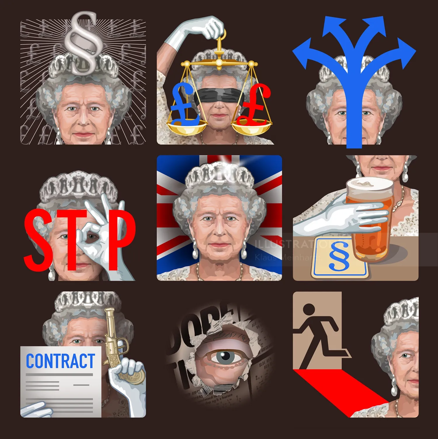 Collage showing Queen Elizabeth II with legal, contract, and exit symbols